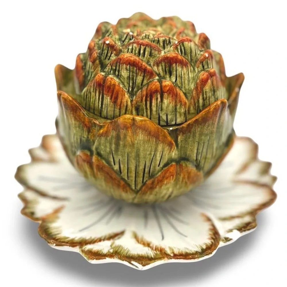 Vintage Artichoke Majolica Ceramic Pottery Sauce Bowl Lid Plate Italy Jam Jar